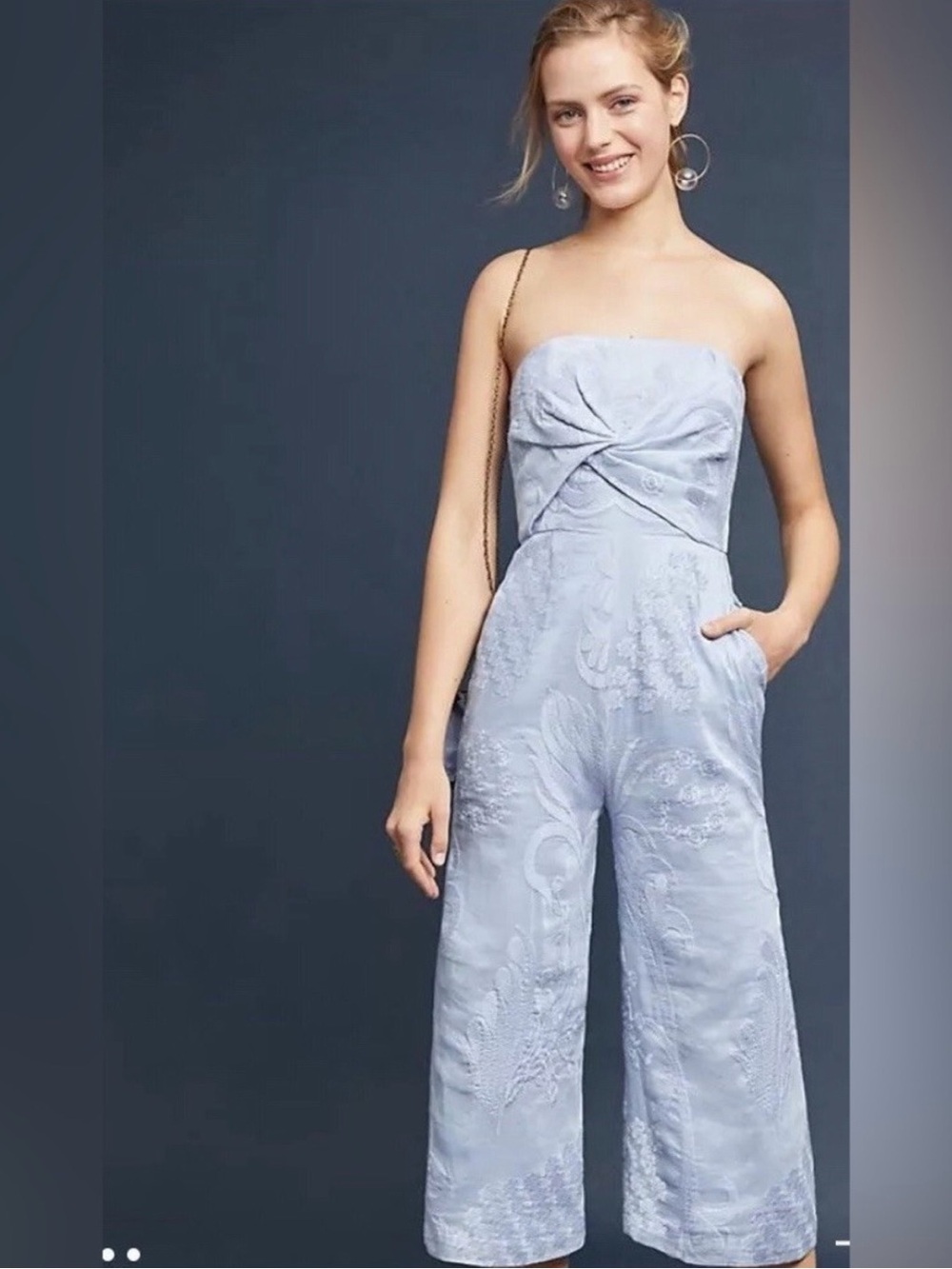 Anthropologie Aijek Natalia Embroidered Silk Linen Strapless Jumpsuit